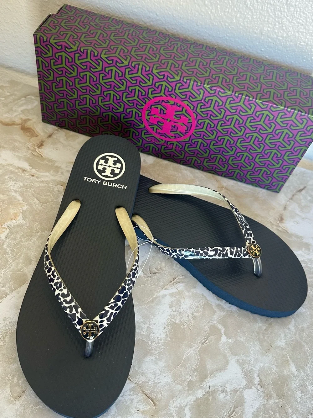 Tory Burch Black Flip Flops with Leopard-Print Straps